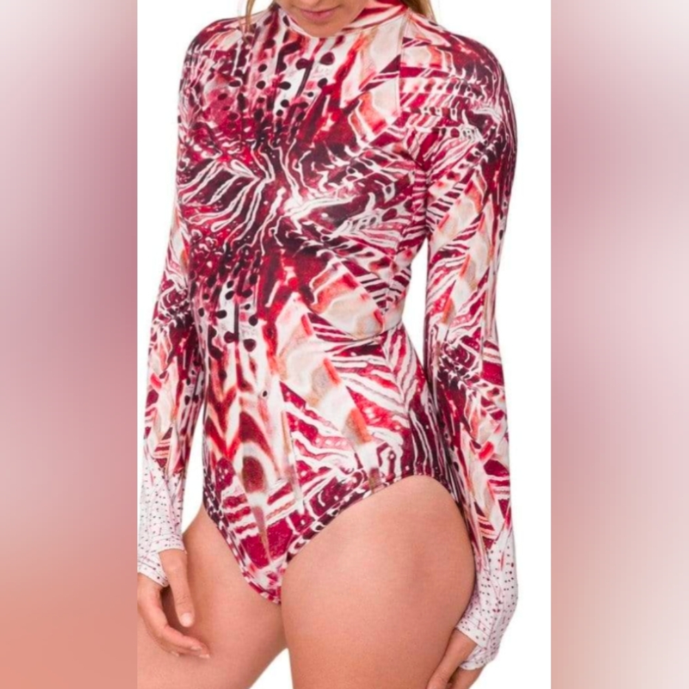 Women's Red Patterned Long Sleeve Swimsuit